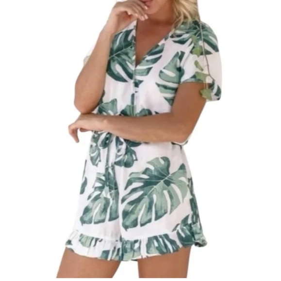 Piyama 100% Rayon Panama Palm Green Leaf Tropical Romper Small - Picture 1 of 8